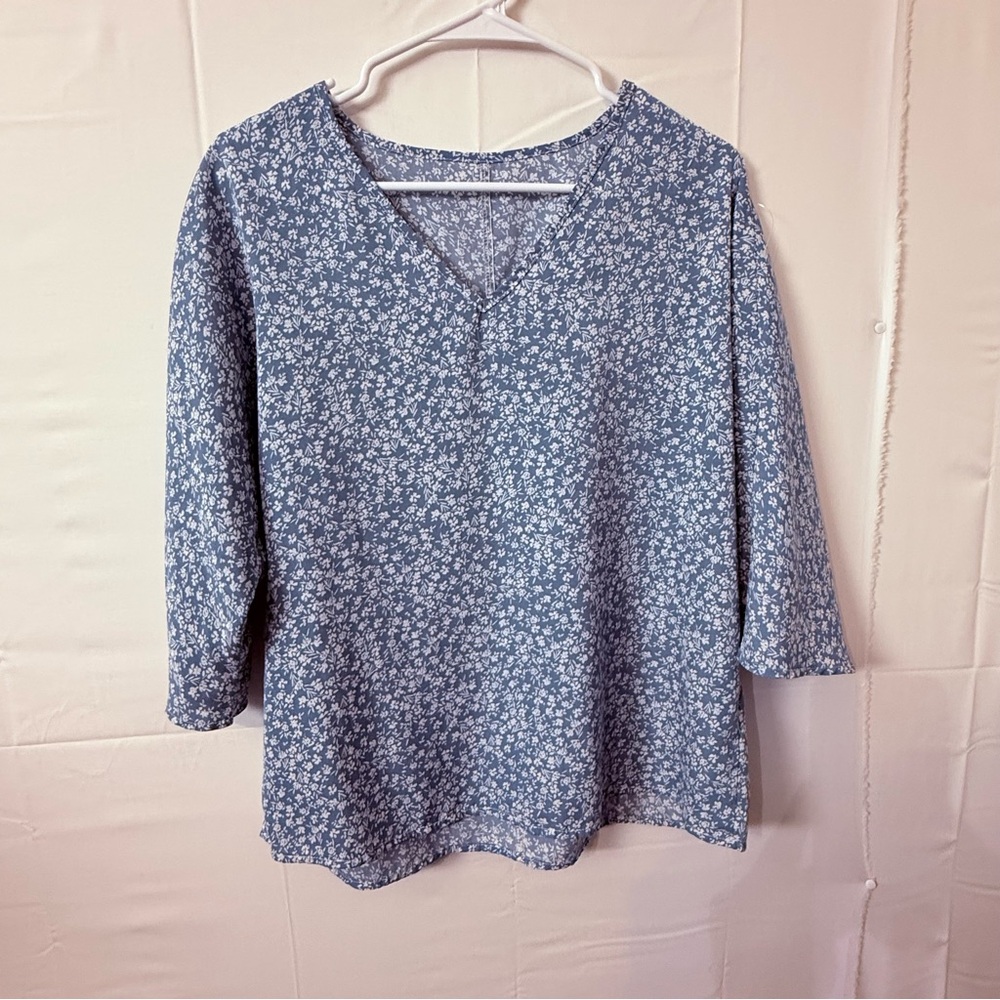 Blue Floral V-Neck Women's Top